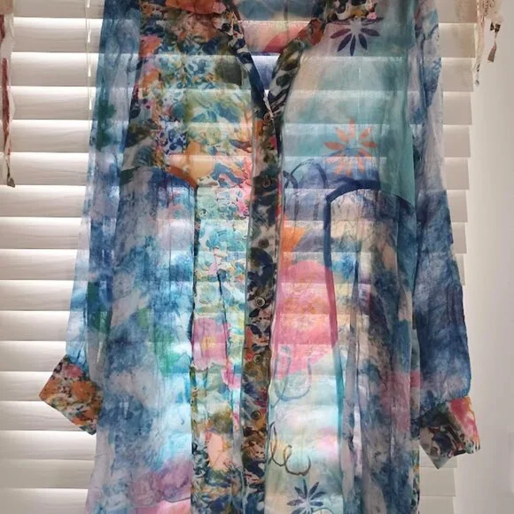 ohn Mark Women Small Sheer Tunic Blouse Abstract Floral Button Front Boho - Picture 3 of 7